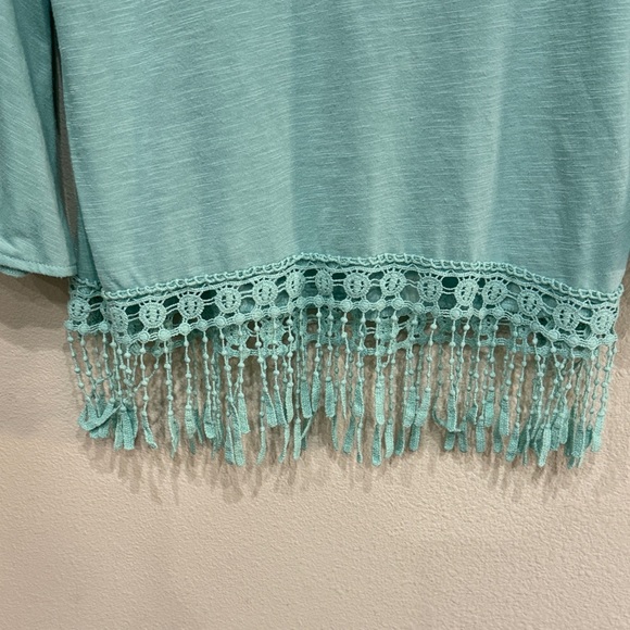 New Directions Teal Lace Fringe Blouse With Wide Sleeve Toward Hand Size M - Picture 4 of 11